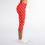 Red And White Star Pattern Print Women's Capri Leggings