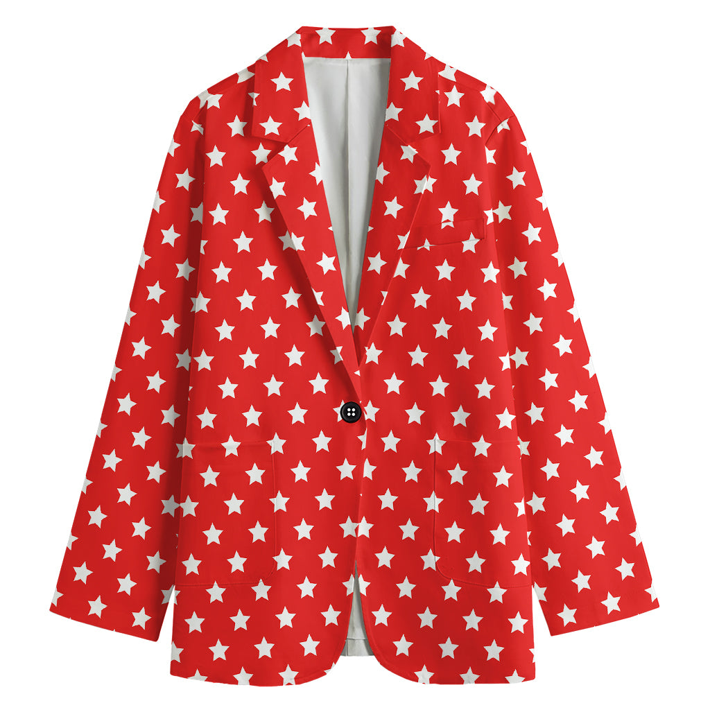 Red And White Star Pattern Print Women's Cotton Blazer