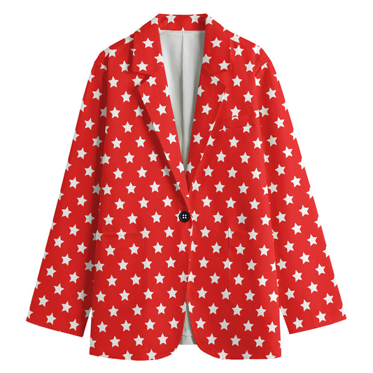 Red And White Star Pattern Print Women's Cotton Blazer