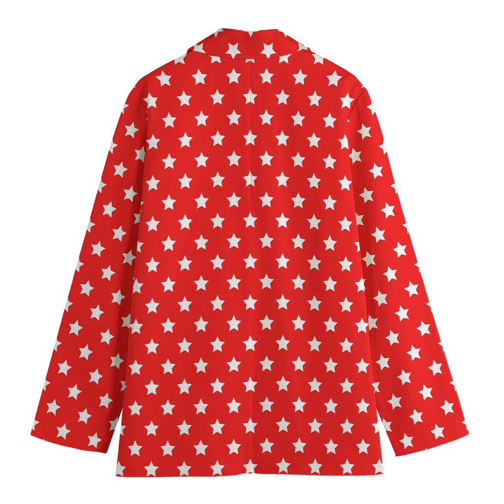 Red And White Star Pattern Print Women's Cotton Blazer