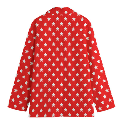 Red And White Star Pattern Print Women's Cotton Blazer