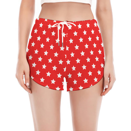 Red And White Star Pattern Print Women's Split Running Shorts