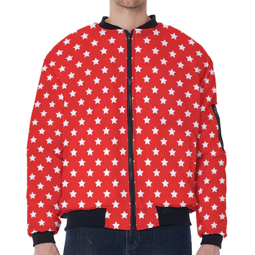 Red And White Star Pattern Print Zip Sleeve Bomber Jacket