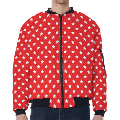 Red And White Star Pattern Print Zip Sleeve Bomber Jacket