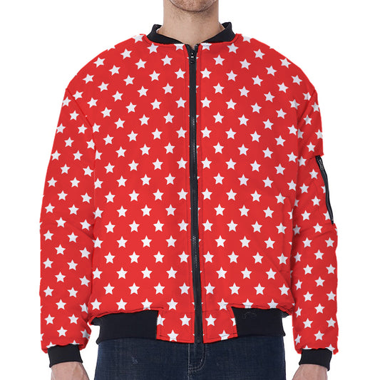 Red And White Star Pattern Print Zip Sleeve Bomber Jacket