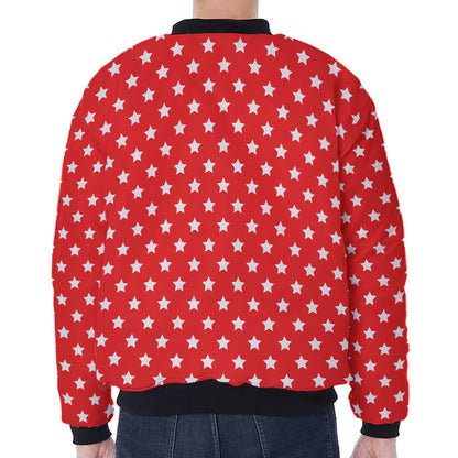 Red And White Star Pattern Print Zip Sleeve Bomber Jacket