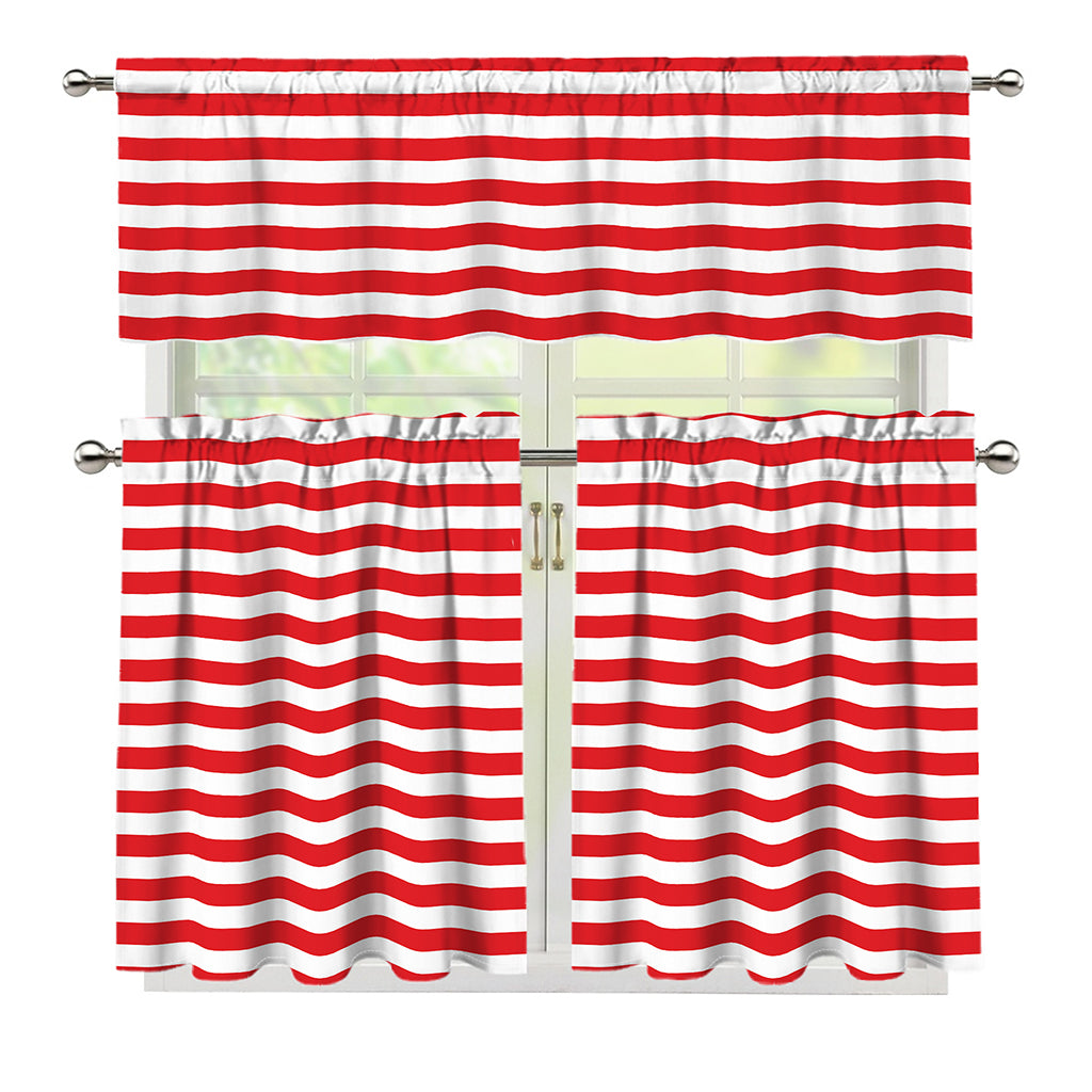 Red And White Striped Pattern Print 3 Piece Kitchen Curtains