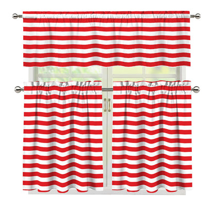 Red And White Striped Pattern Print 3 Piece Kitchen Curtains