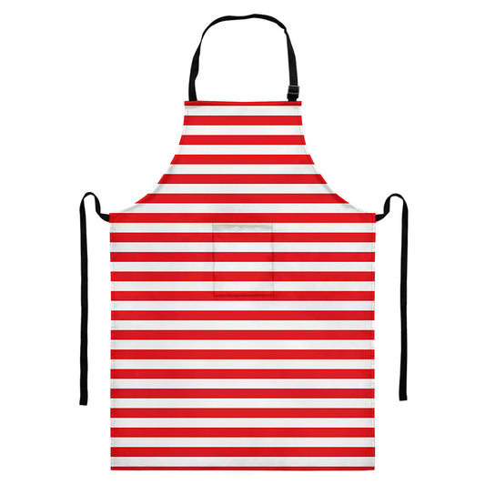 Red And White Striped Pattern Print Bib Apron With Pocket