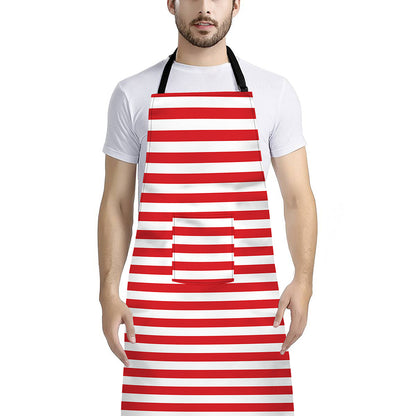 Red And White Striped Pattern Print Bib Apron With Pocket
