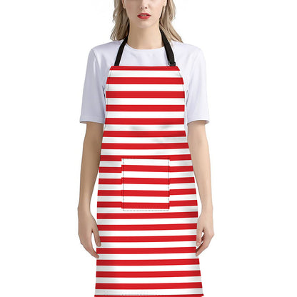 Red And White Striped Pattern Print Bib Apron With Pocket