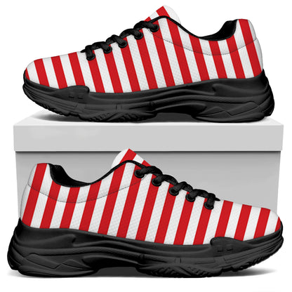 Red And White Striped Pattern Print Black Chunky Shoes