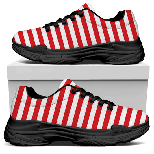 Red And White Striped Pattern Print Black Chunky Shoes