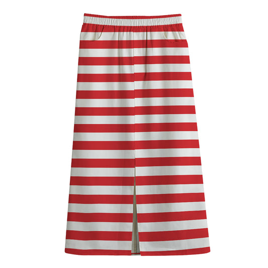 Red And White Striped Pattern Print Cotton Front Slit Maxi Skirt