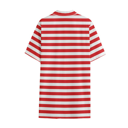 Red And White Striped Pattern Print Cotton Hawaiian Shirt