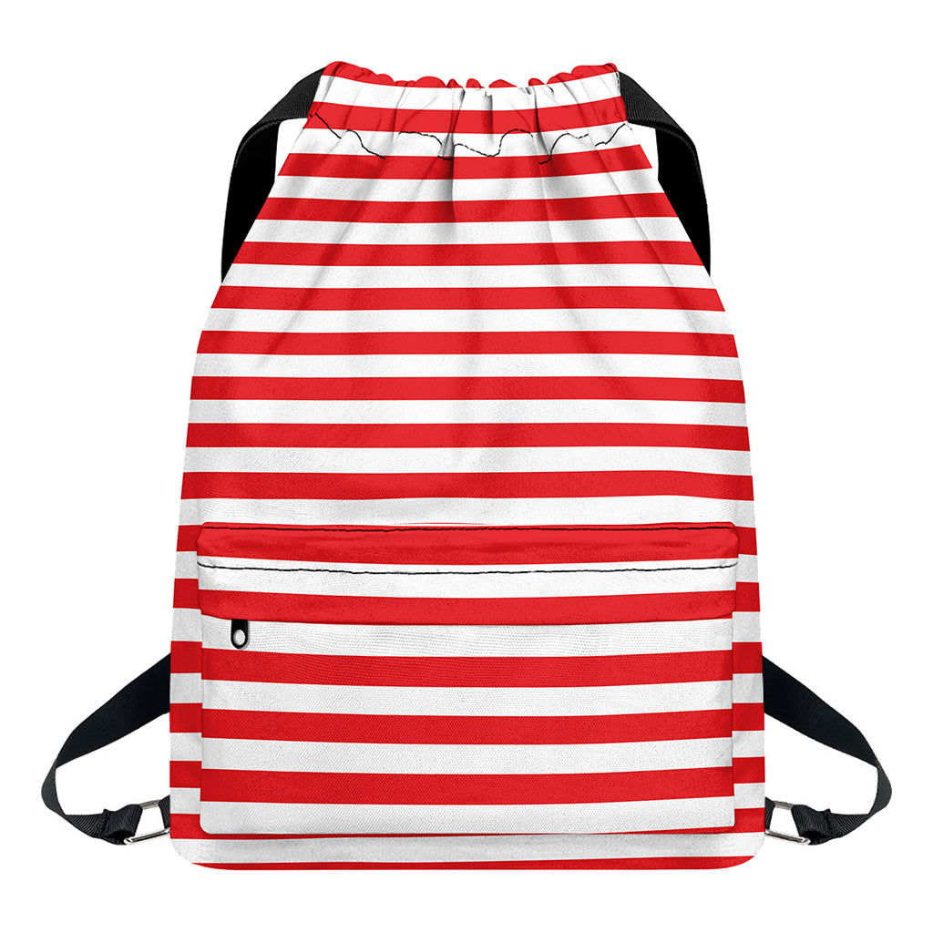 Red And White Striped Pattern Print Drawstring Backpack