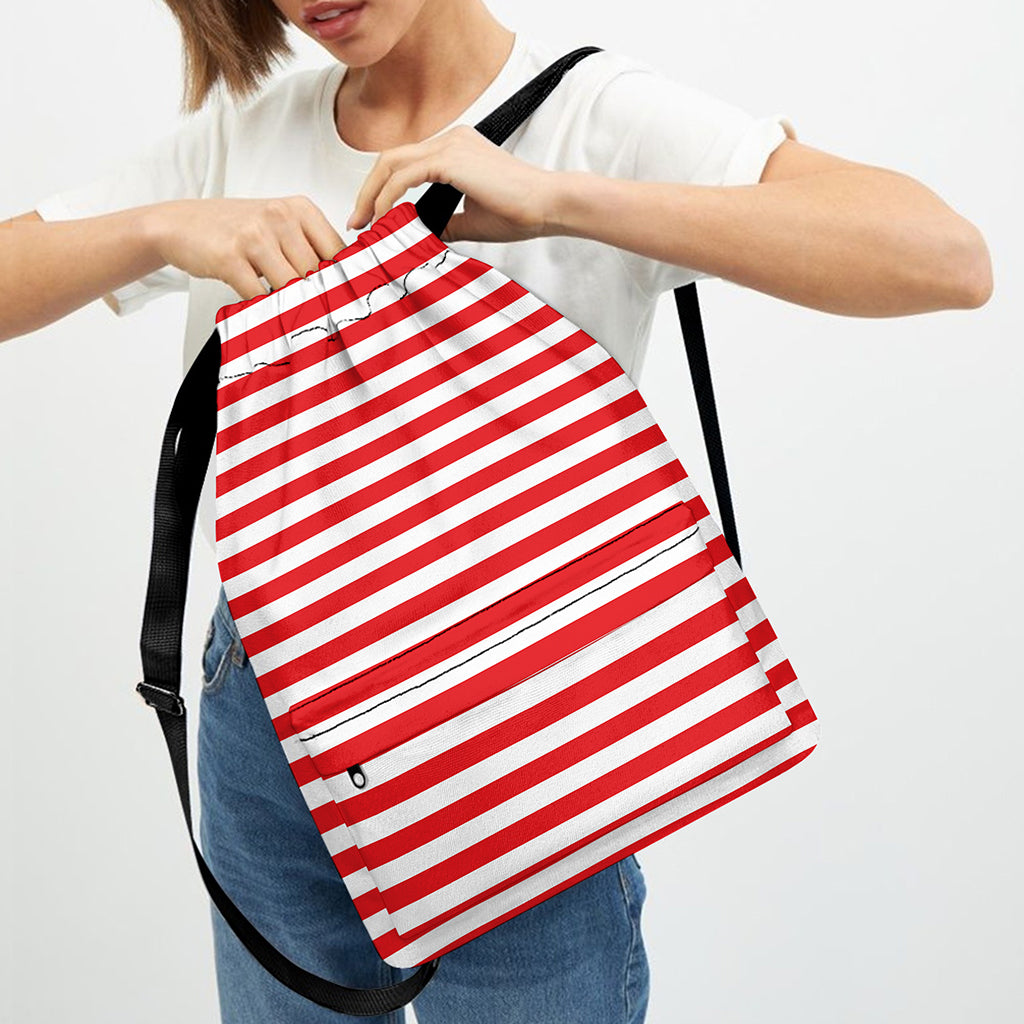 Red And White Striped Pattern Print Drawstring Backpack