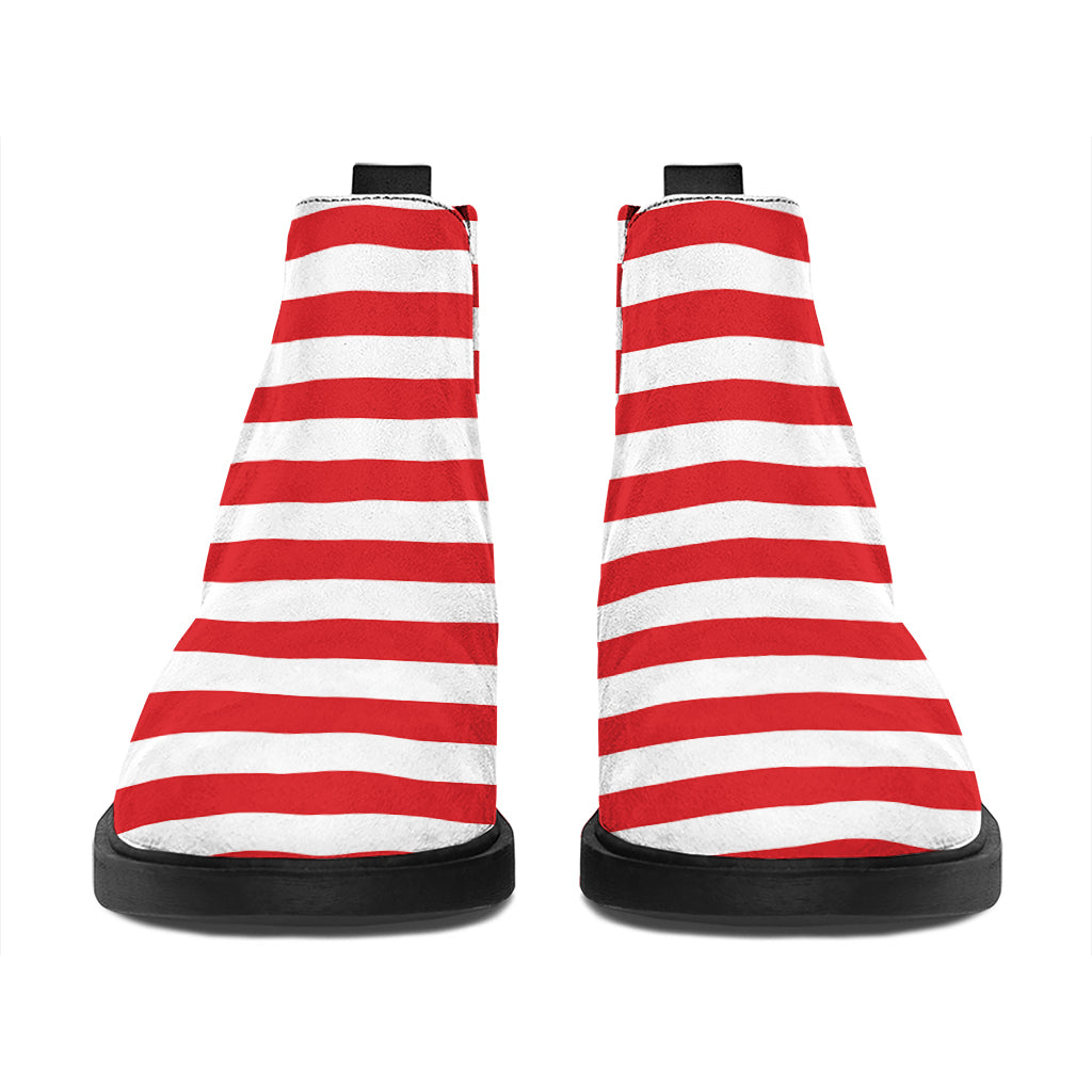 Red And White Striped Pattern Print Flat Ankle Boots