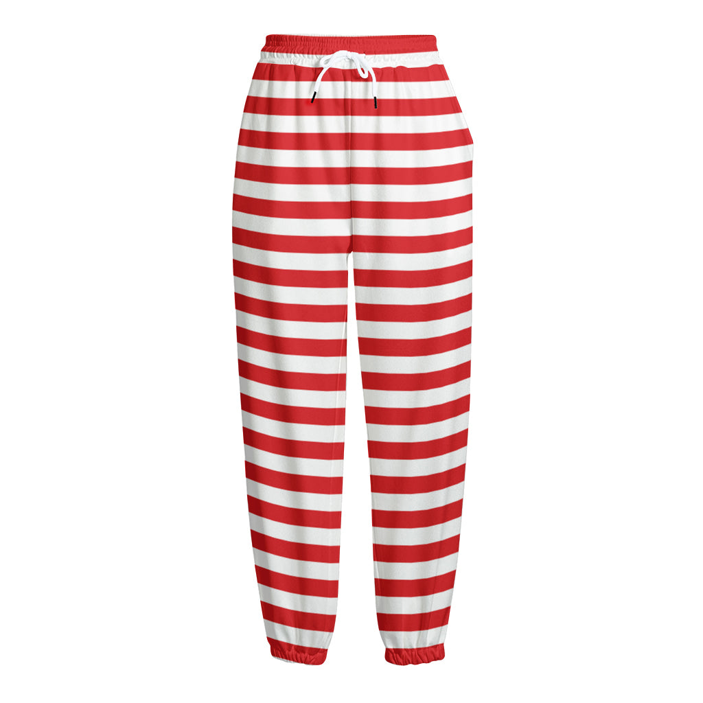 Red And White Striped Pattern Print Fleece Lined Knit Pants