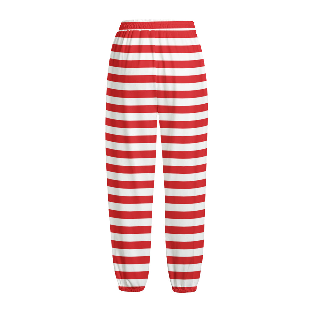 Red And White Striped Pattern Print Fleece Lined Knit Pants