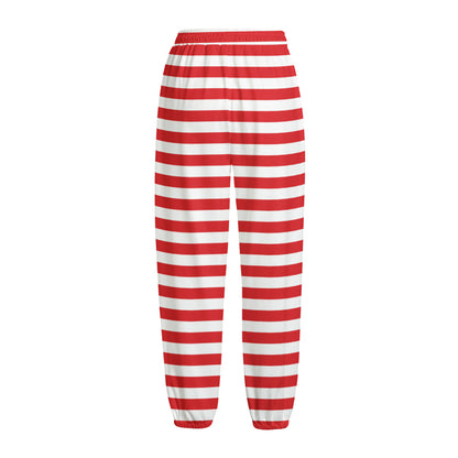 Red And White Striped Pattern Print Fleece Lined Knit Pants
