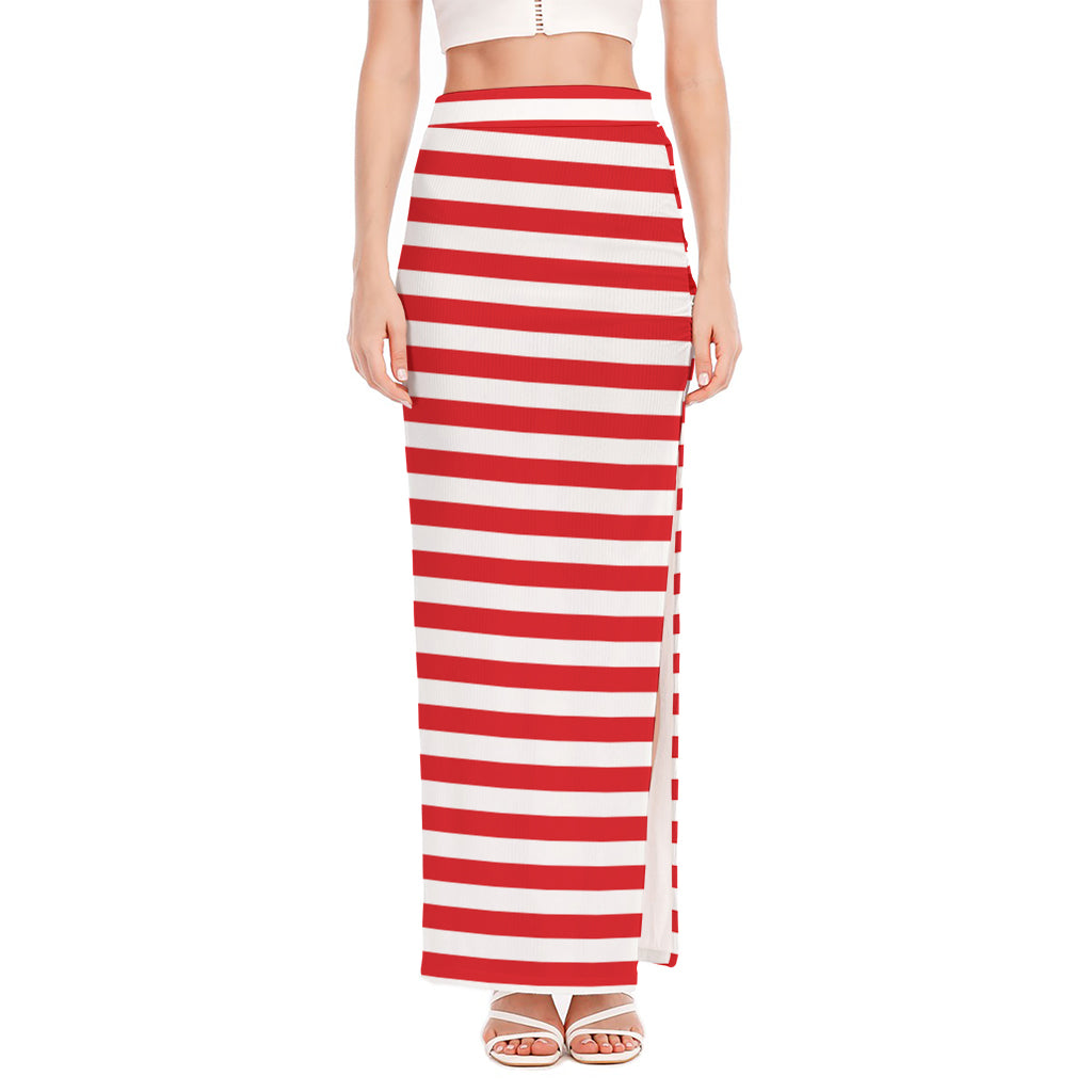 Red And White Striped Pattern Print High Slit Maxi Skirt