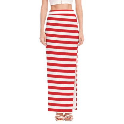 Red And White Striped Pattern Print High Slit Maxi Skirt