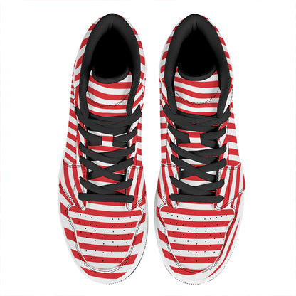 Red And White Striped Pattern Print High Top Leather Sneakers