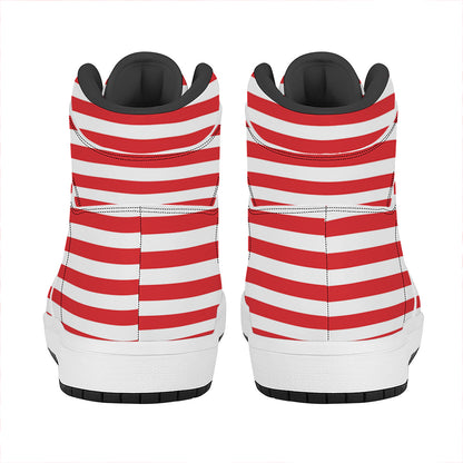 Red And White Striped Pattern Print High Top Leather Sneakers
