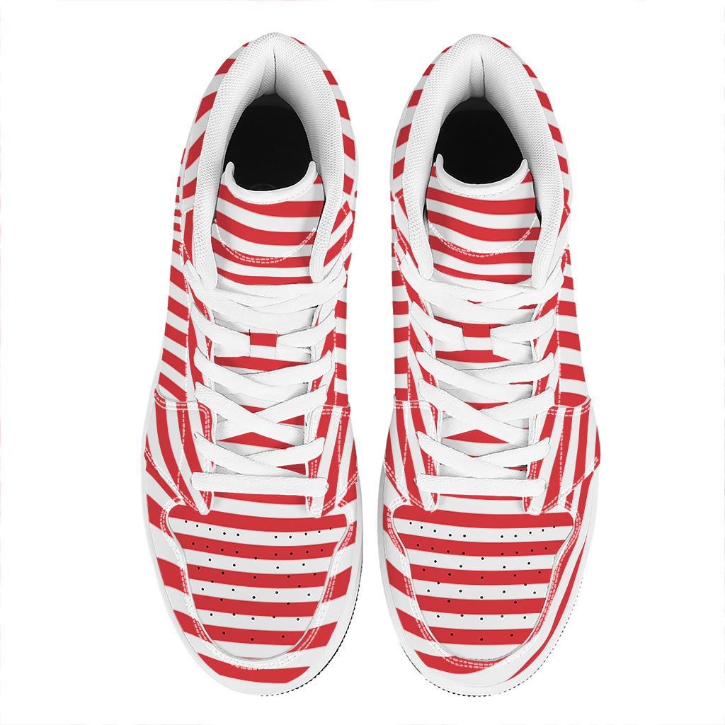 Red And White Striped Pattern Print High Top Leather Sneakers