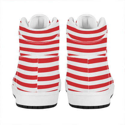 Red And White Striped Pattern Print High Top Leather Sneakers