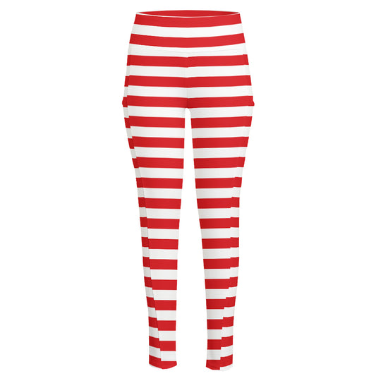 Red And White Striped Pattern Print High-Waisted Pocket Leggings