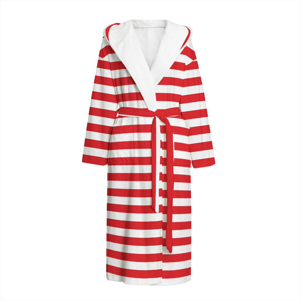 Red And White Striped Pattern Print Hooded Bathrobe