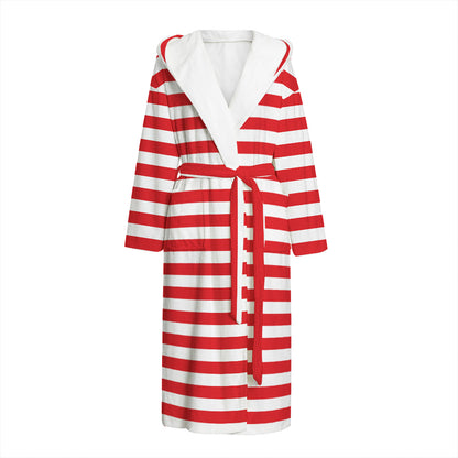 Red And White Striped Pattern Print Hooded Bathrobe