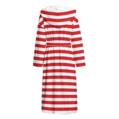 Red And White Striped Pattern Print Hooded Bathrobe