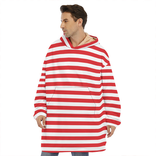 Red And White Striped Pattern Print Hoodie Blanket