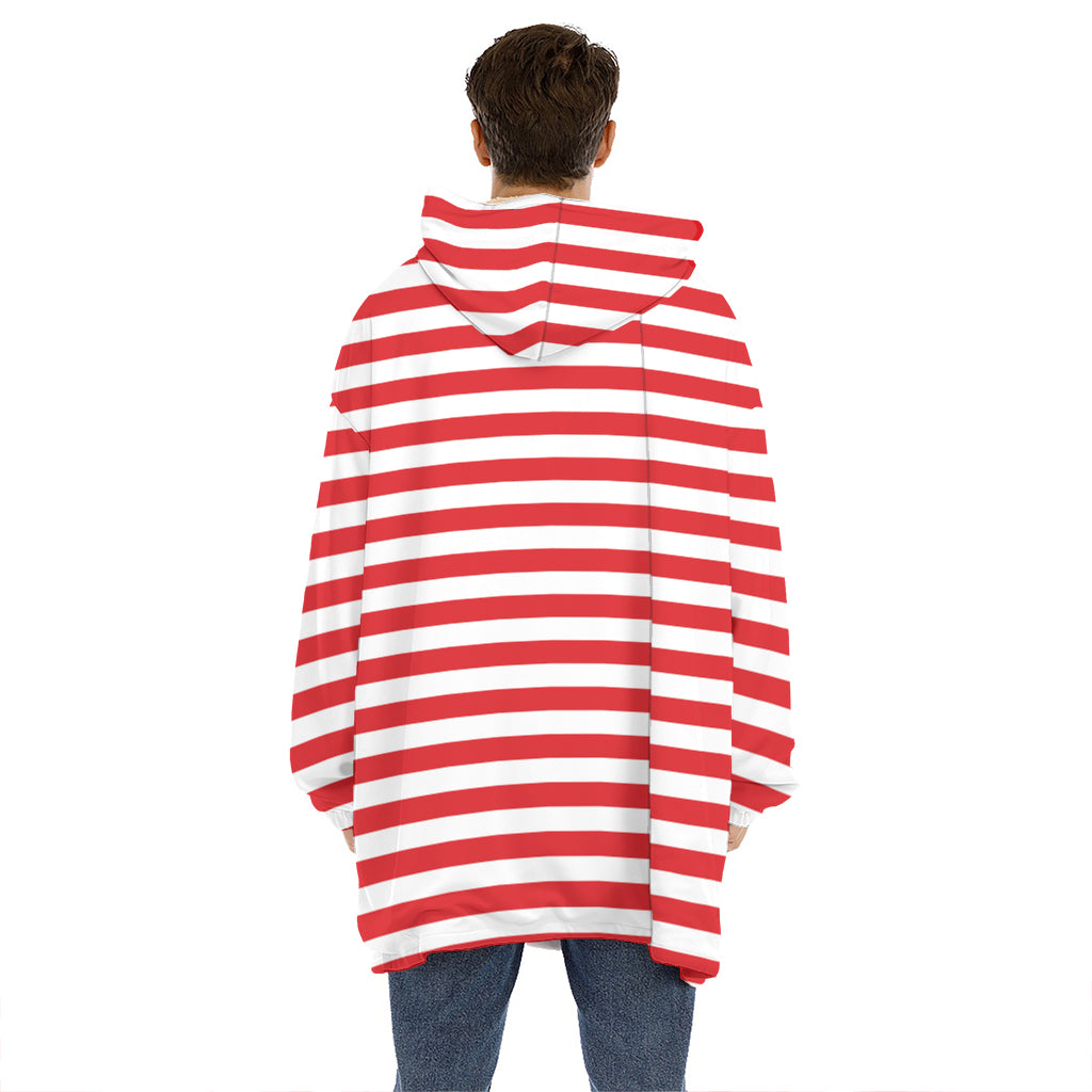 Red And White Striped Pattern Print Hoodie Blanket
