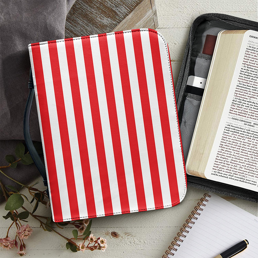 Red And White Striped Pattern Print Leather Bible Cover