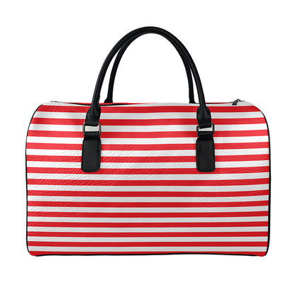 Red And White Striped Pattern Print Leather Duffle Bag