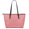 Red And White Striped Pattern Print Leather Tote Bag With Zipper