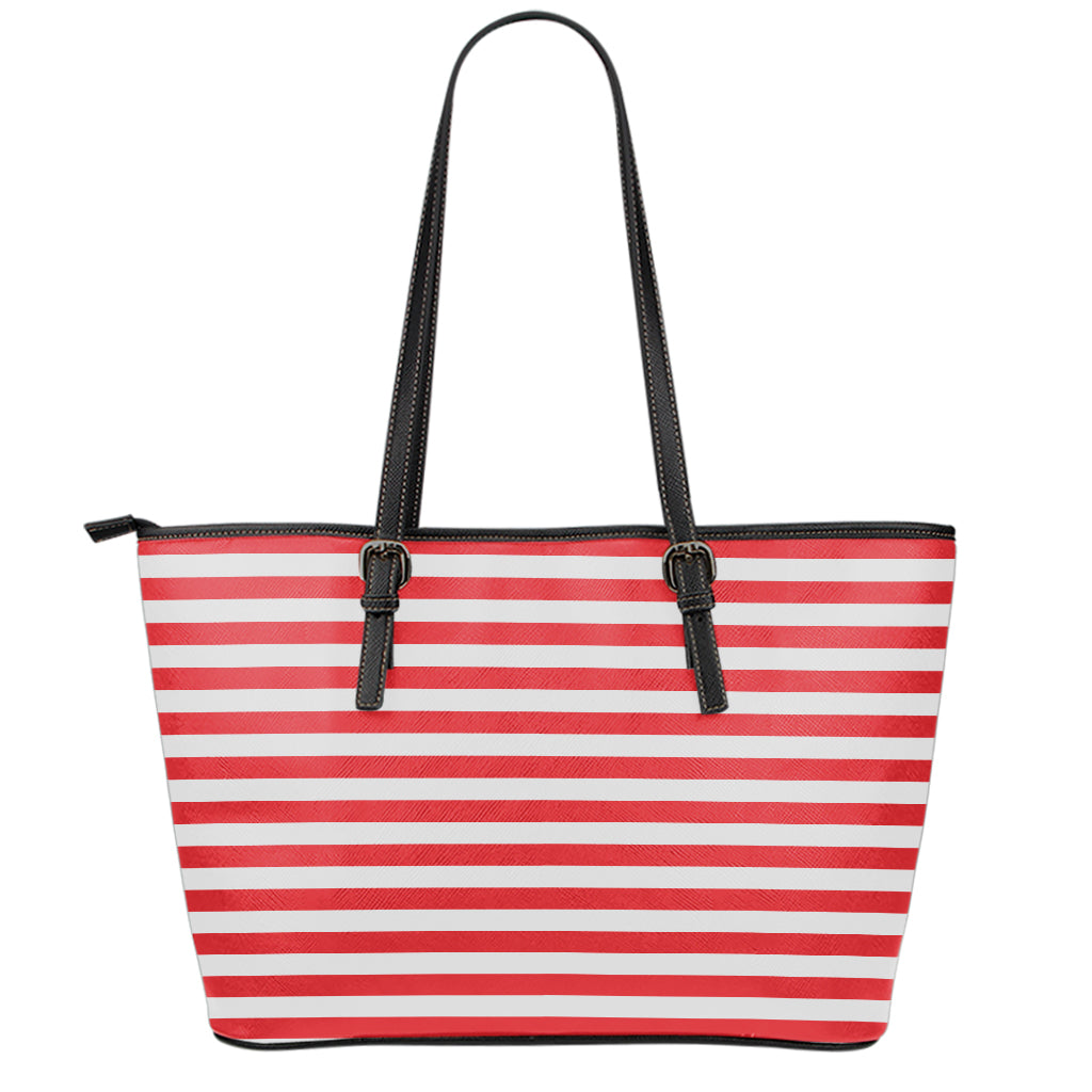 Red And White Striped Pattern Print Leather Tote Bag