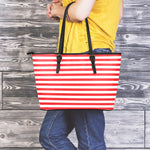 Red And White Striped Pattern Print Leather Tote Bag