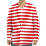 Red And White Striped Pattern Print Long Sleeve Baseball Jersey