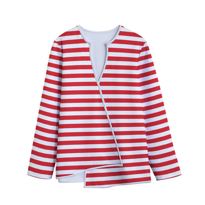 Red And White Striped Pattern Print Long Sleeve Short Coat