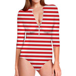 Red And White Striped Pattern Print Long Sleeve Swimsuit