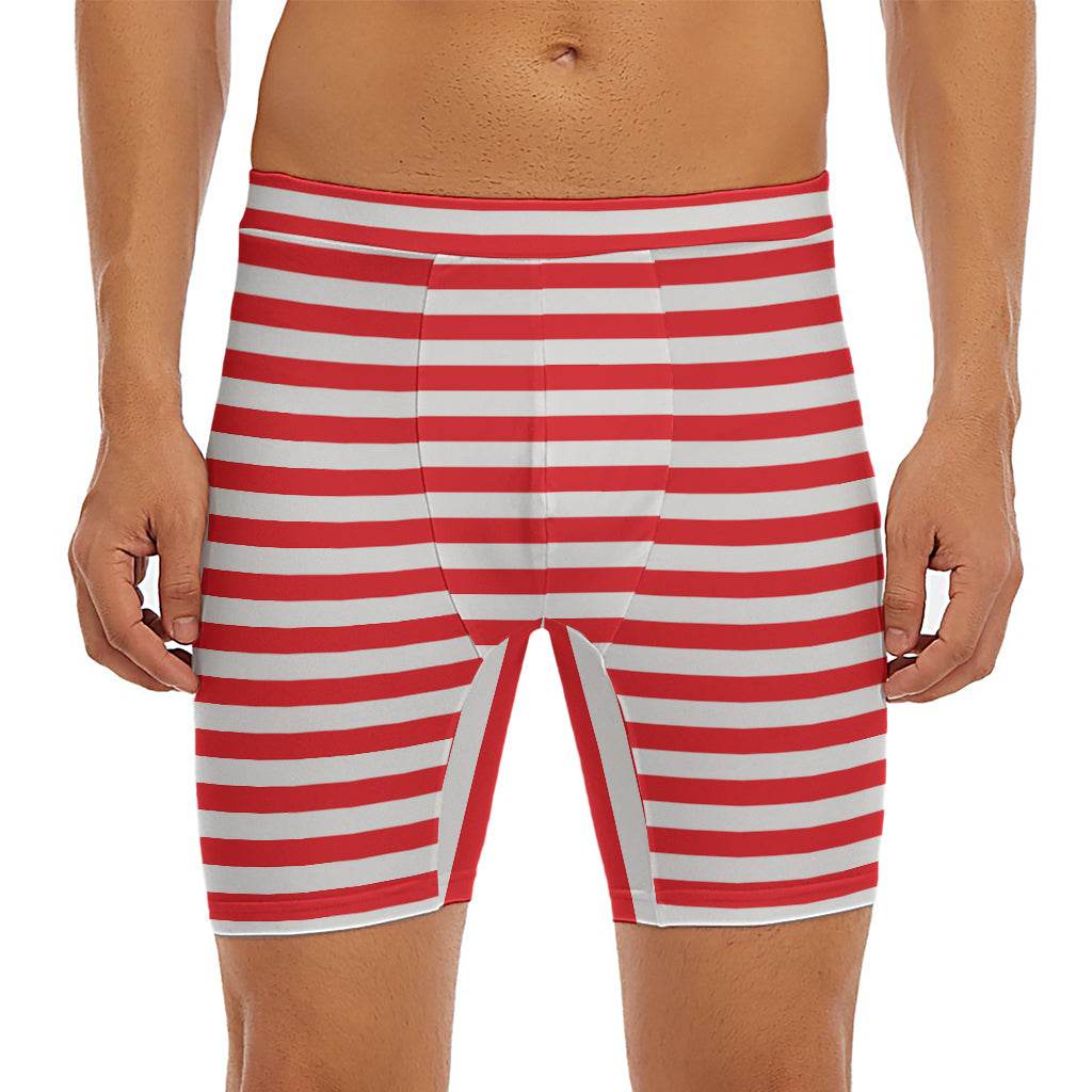 Red And White Striped Pattern Print Men's Long Boxer Briefs
