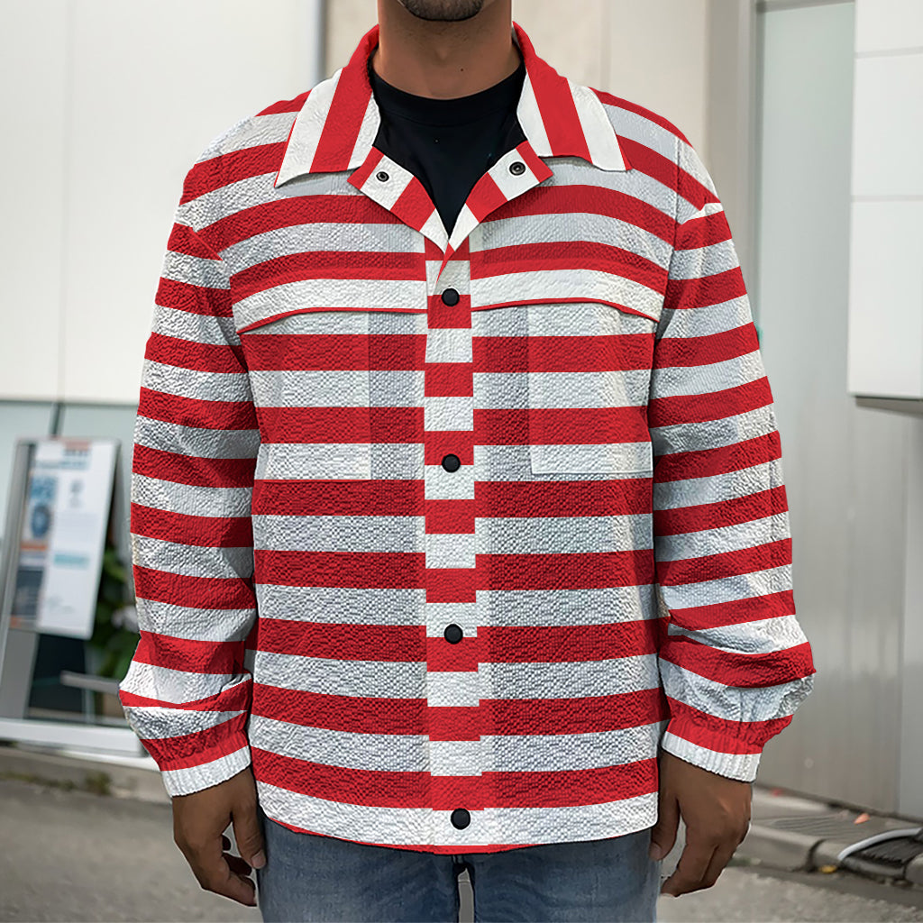 Red And White Striped Pattern Print Men's Shirt Jacket