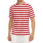 Red And White Striped Pattern Print Men's Short Sleeve Rash Guard