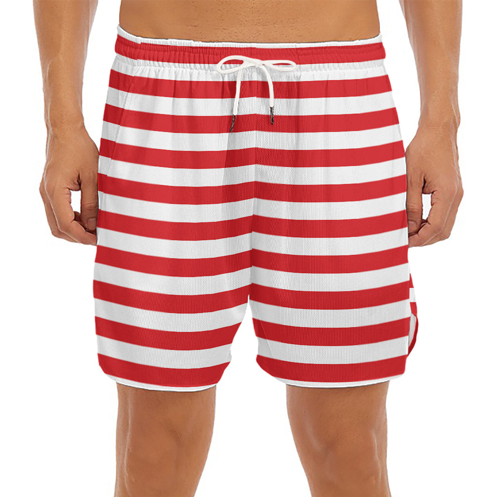 Red And White Striped Pattern Print Men's Split Running Shorts