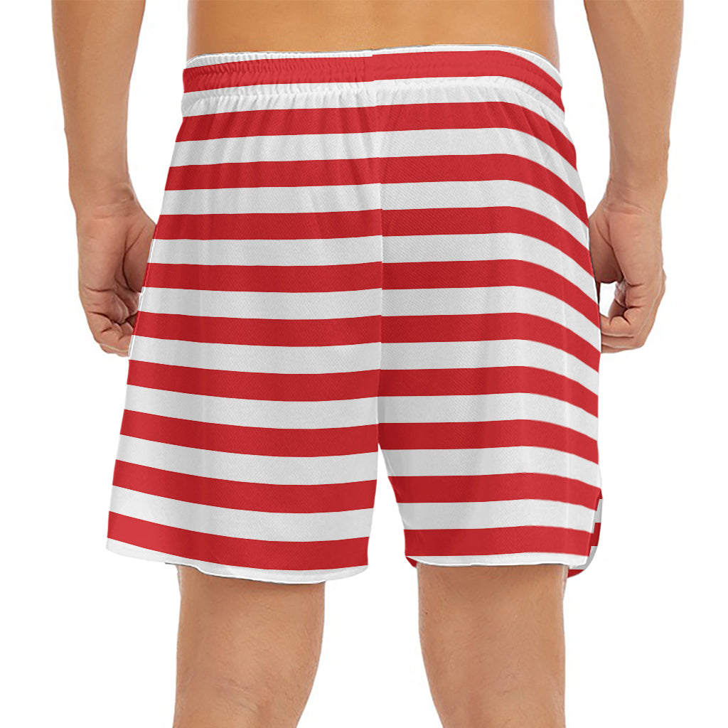 Red And White Striped Pattern Print Men's Split Running Shorts